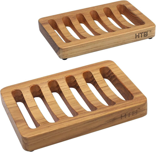HTB 2 Pack Slotted Bar Soap Holder Teak Wood,Sponge Holder for Kitchen Sink