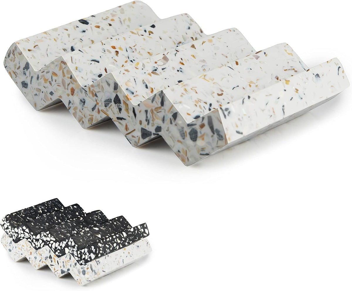 Tapeera Zig Zag Terrazzo Self Draining Soap Dish for Shower - Concrete Soap Saver for Bar Soap Holder - Sponge Holder - Kitchen Soap Tray (White)