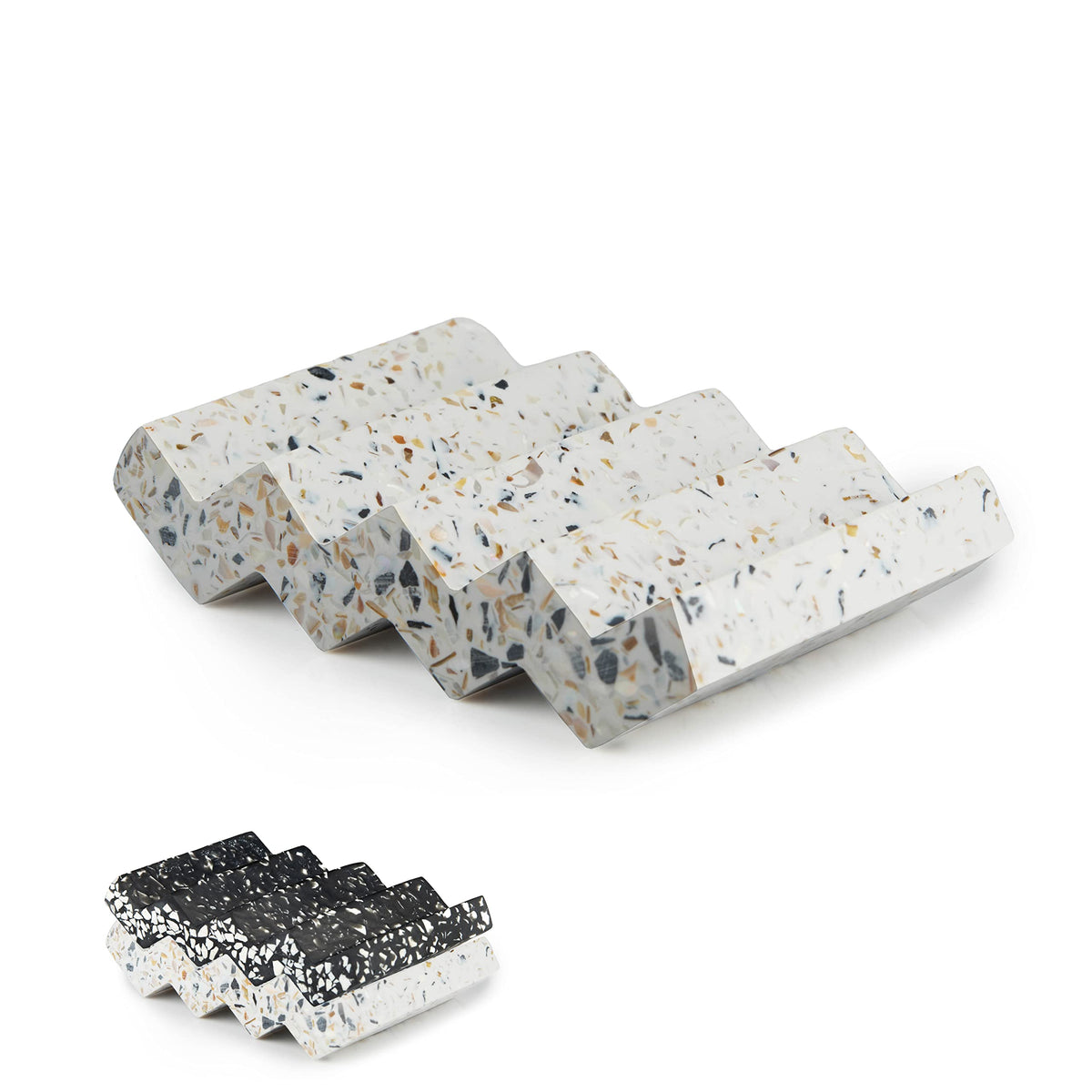Tapeera Zig Zag Terrazzo Self Draining Soap Dish for Shower - Concrete Soap Saver for Bar Soap Holder - Sponge Holder - Kitchen Soap Tray (White)