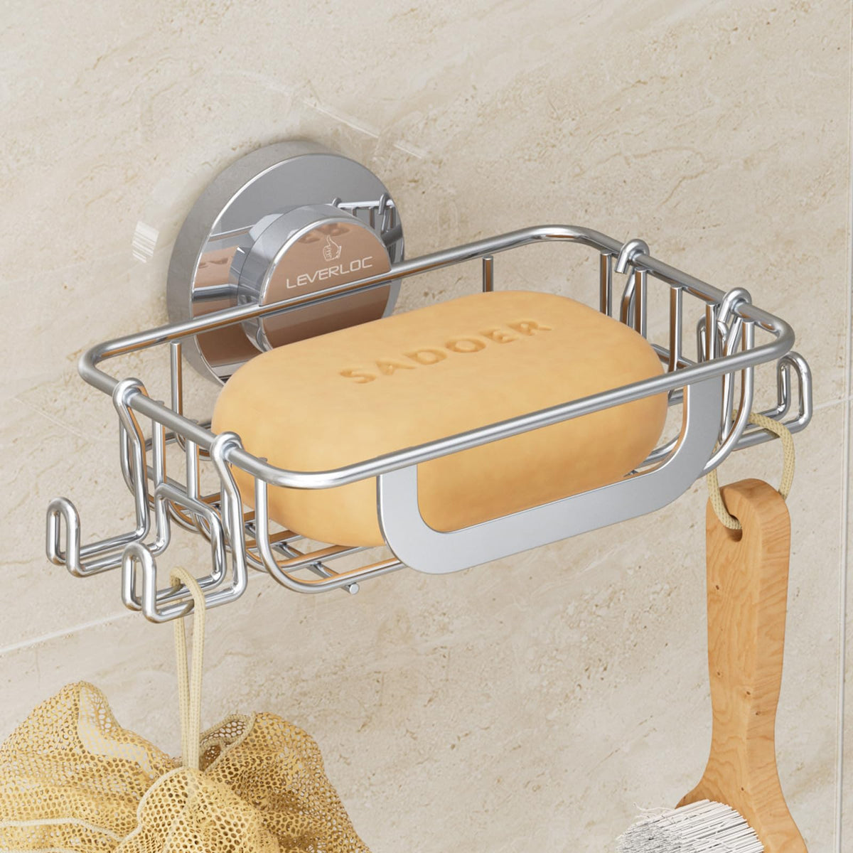 LEVERLOC Bar Soap Holder with Hooks, Suction Cup Soap Dish Stainless Steel