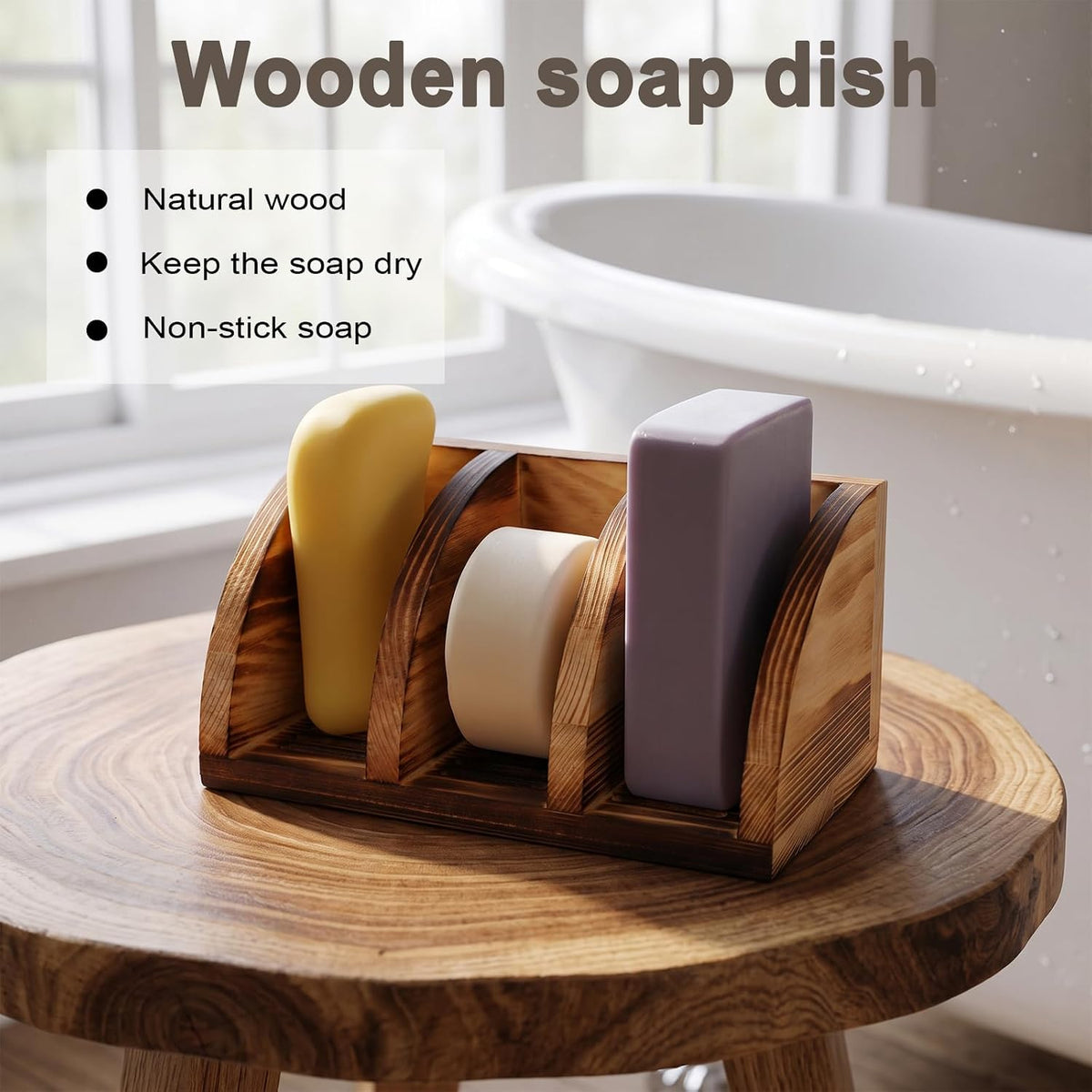 2pcs Wood Soap Holder - Solid Wooden Bar Dish, Self Draining Bathroom