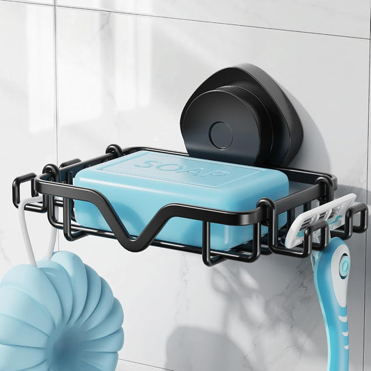 Soap Dish Suction Cup with Hooks, Rustproof No Drill Removable & Reusable for Shower Wall, Bathroom