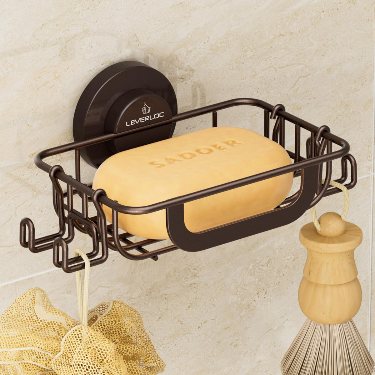 LEVERLOC Bar Soap Holder with Hooks, Suction Cup Soap Dish Stainless Steel