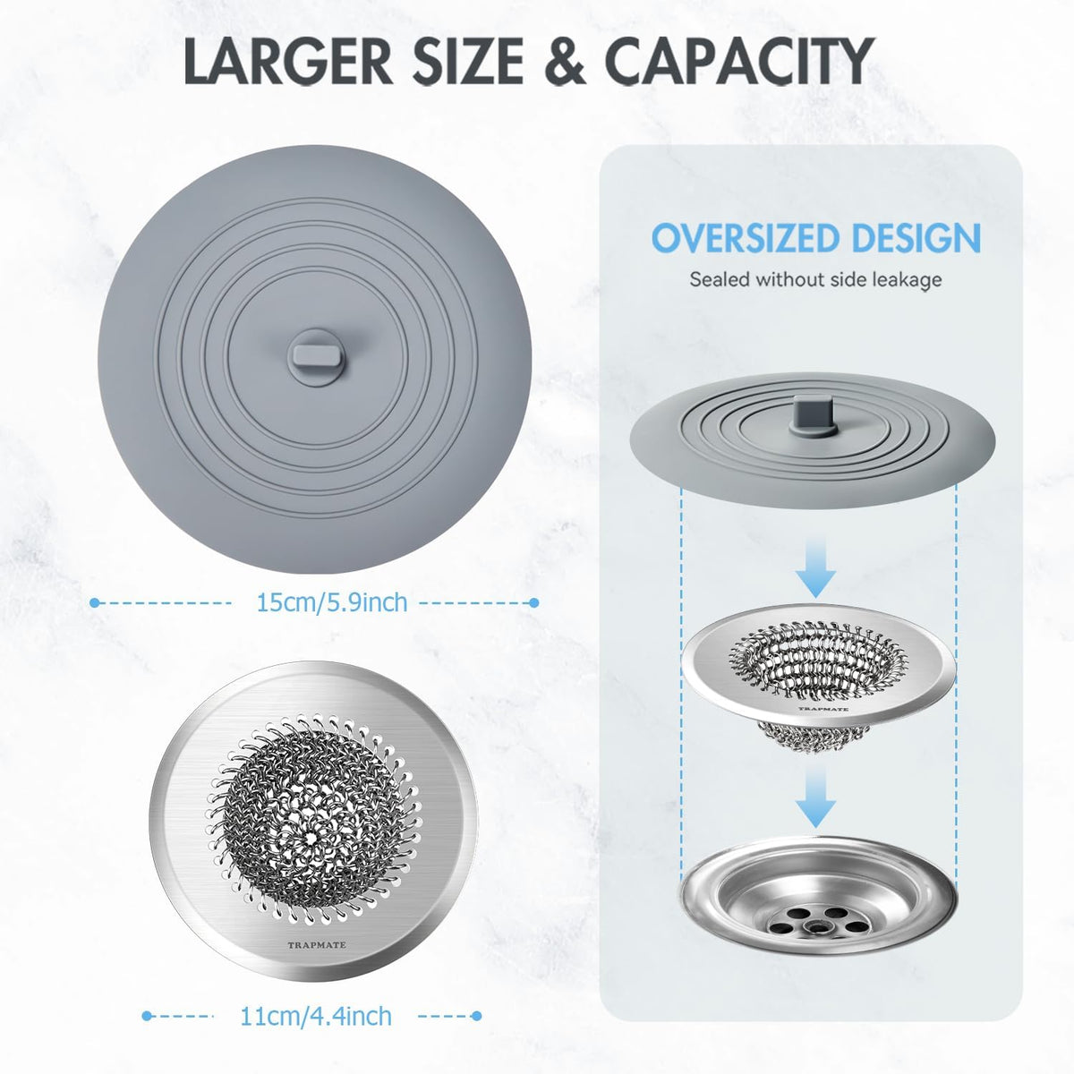 TRAPMATE Kitchen Sink Drain Strainer & Sink Stopper, Revolutionary Stainless Steel Drain Plug Combo, Anti-Clog Garbage Strainer Basket for US Standard Drains, Fits Single & Double Bowl Kitchen Sinks
