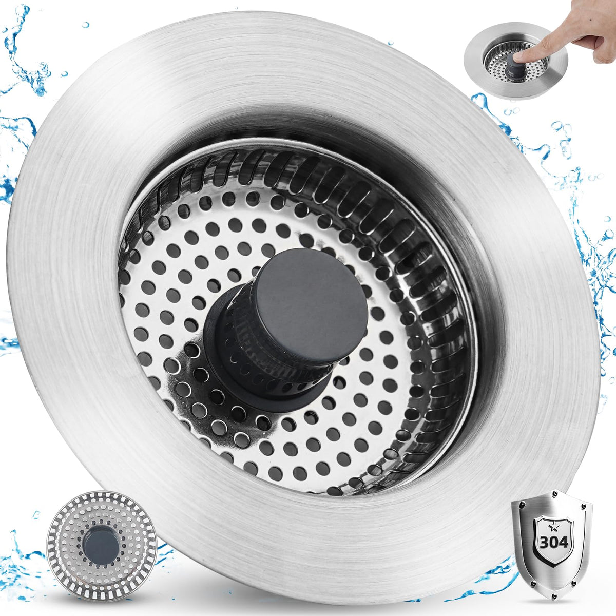 Universal 3 in 1 Kitchen Sink Drain Strainer Stopper Combo, Matte Black