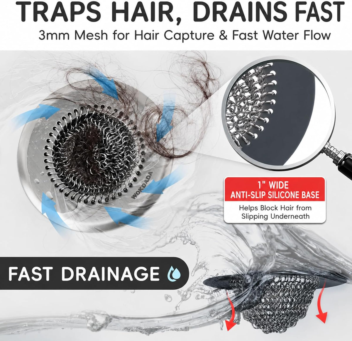 WOKDADA Shower Drain Hair Catcher, Patented Bathtub Drain Cover, Anti-Clog