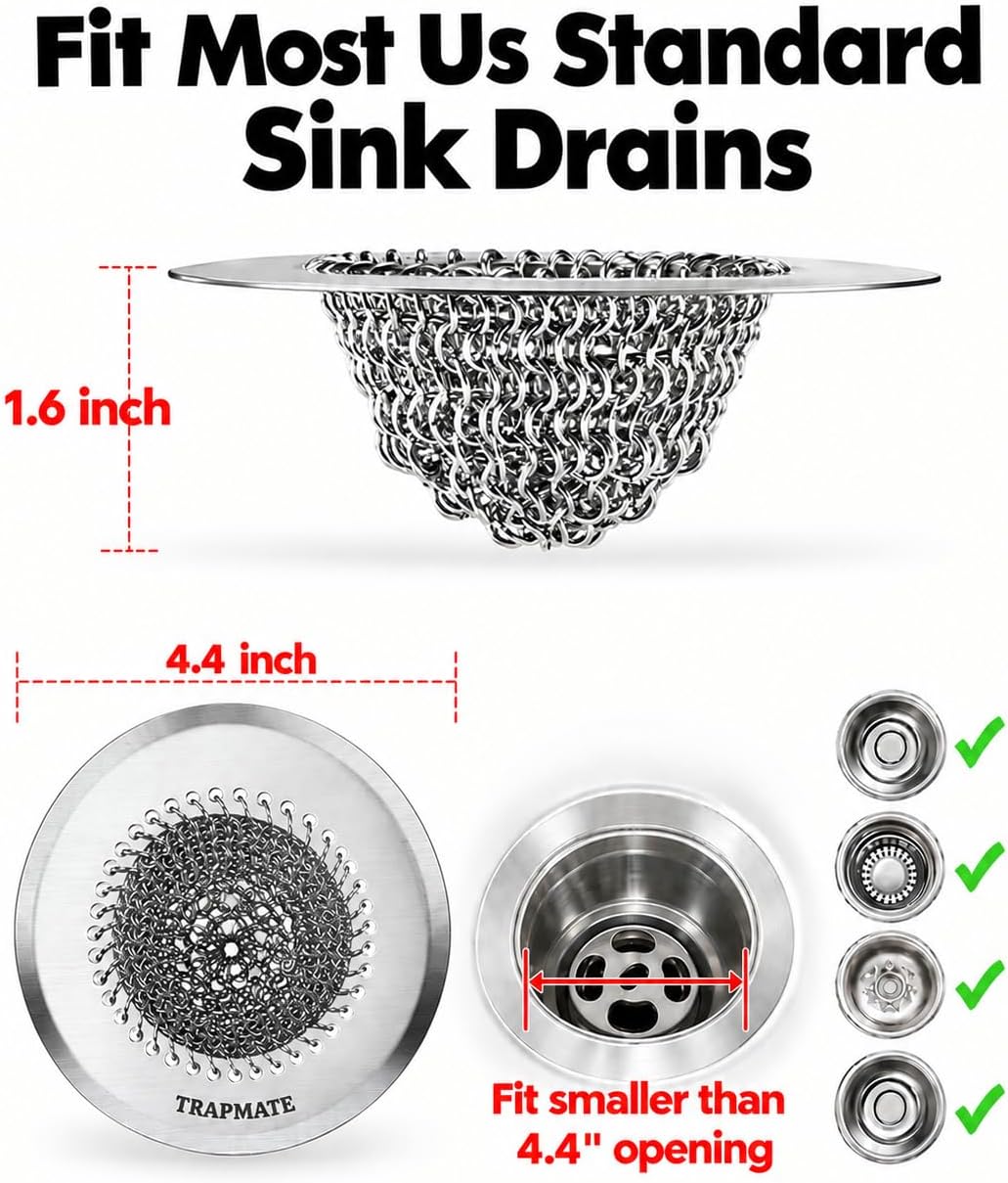TRAPMATE Kitchen Sink Drain Strainer, 4.4" Reversible Chain Mesh Basket