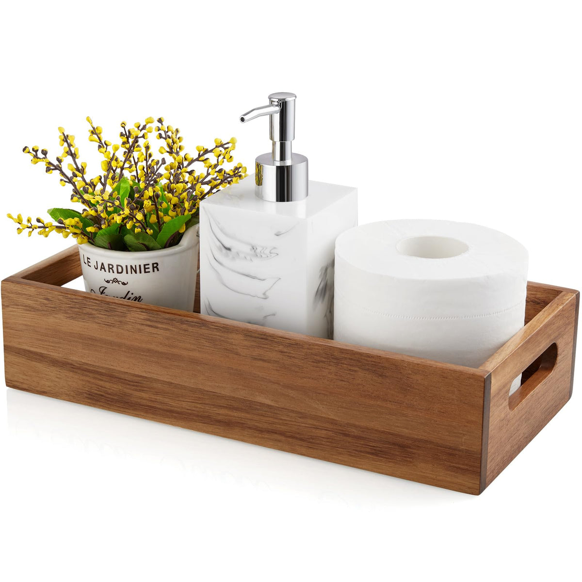 ALELION Acacia Wood Bathroom Storage Basket for Organizing - Toilet Paper Basket with Handle for Back of Toilet Tank Top Topper - Small Narrow Baskets for Kitchen Pantry Garage Laundry Room Storage