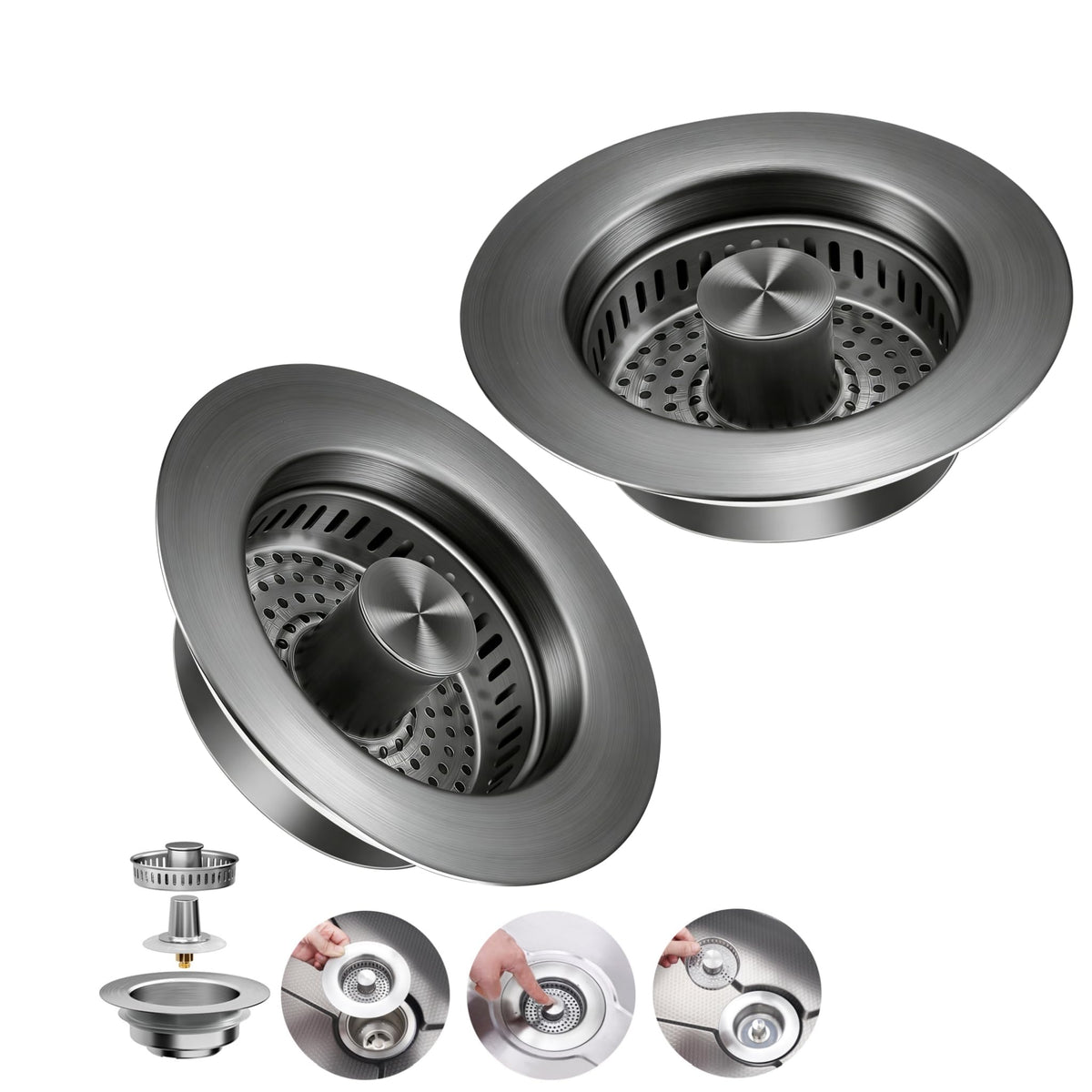 3-in-1 Kitchen Sink Drain Strainer - Pop Up Sink Stopper, Stainless Steel Sink Drain Strainer, Kitchen Sink Stopper & Drain Plug with Anti-Clogging Basket,Sink Strainer Fits US Standard 3-1/2'' Drains