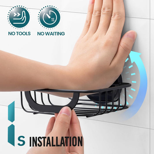 TAILI Soap Holder, Soap Dish Suction Cup with Hooks for Shower Wall, Black