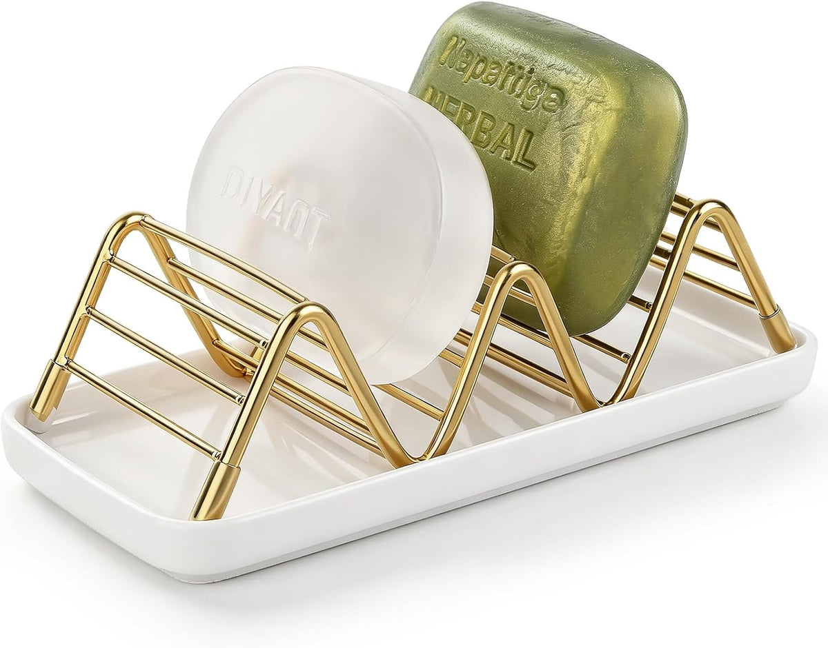 Stainless Steel Soap Dish Draining Soap Holder with Ceramic Tray, Gold