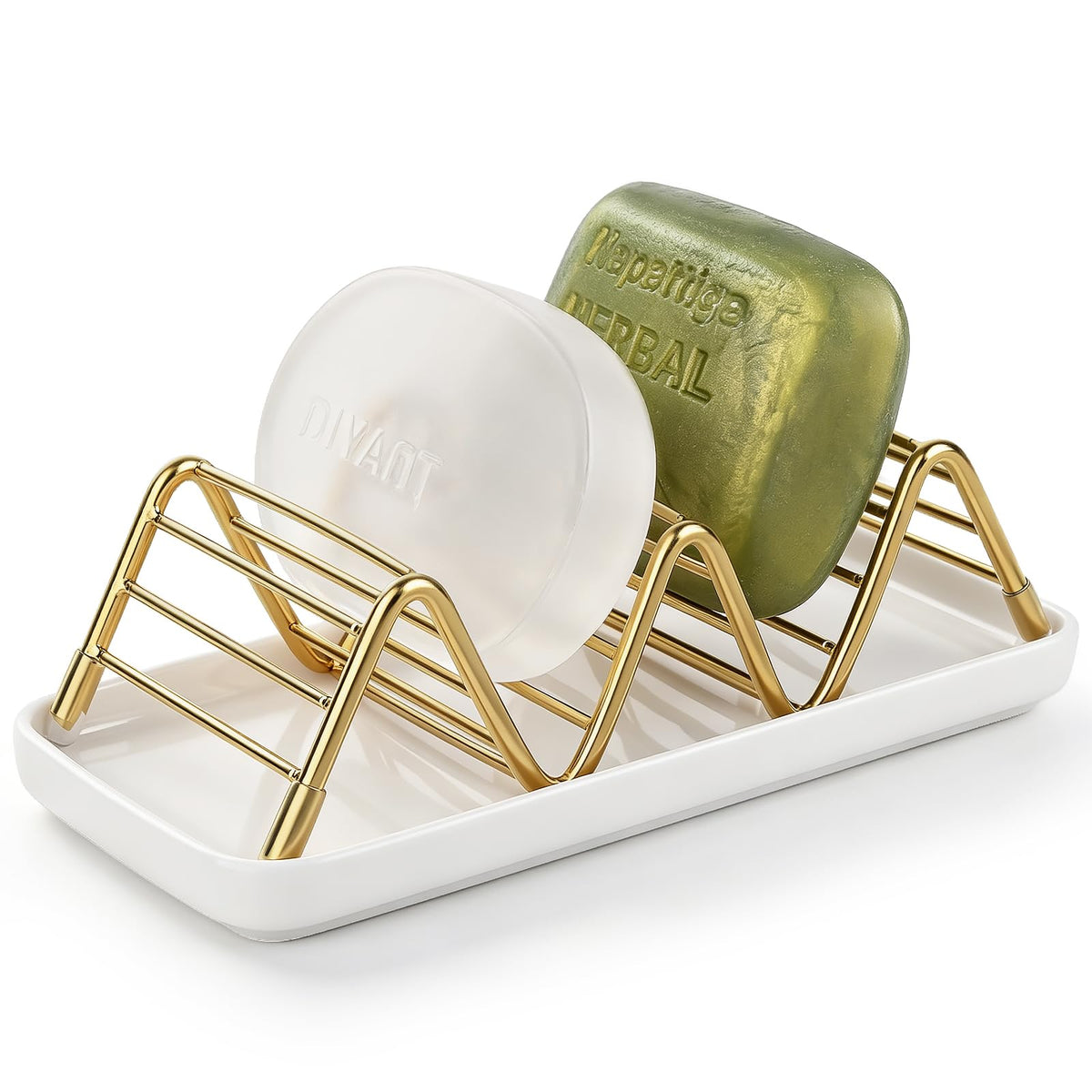 Stainless Steel Soap Dish Draining Soap Holder with Ceramic Tray, Gold