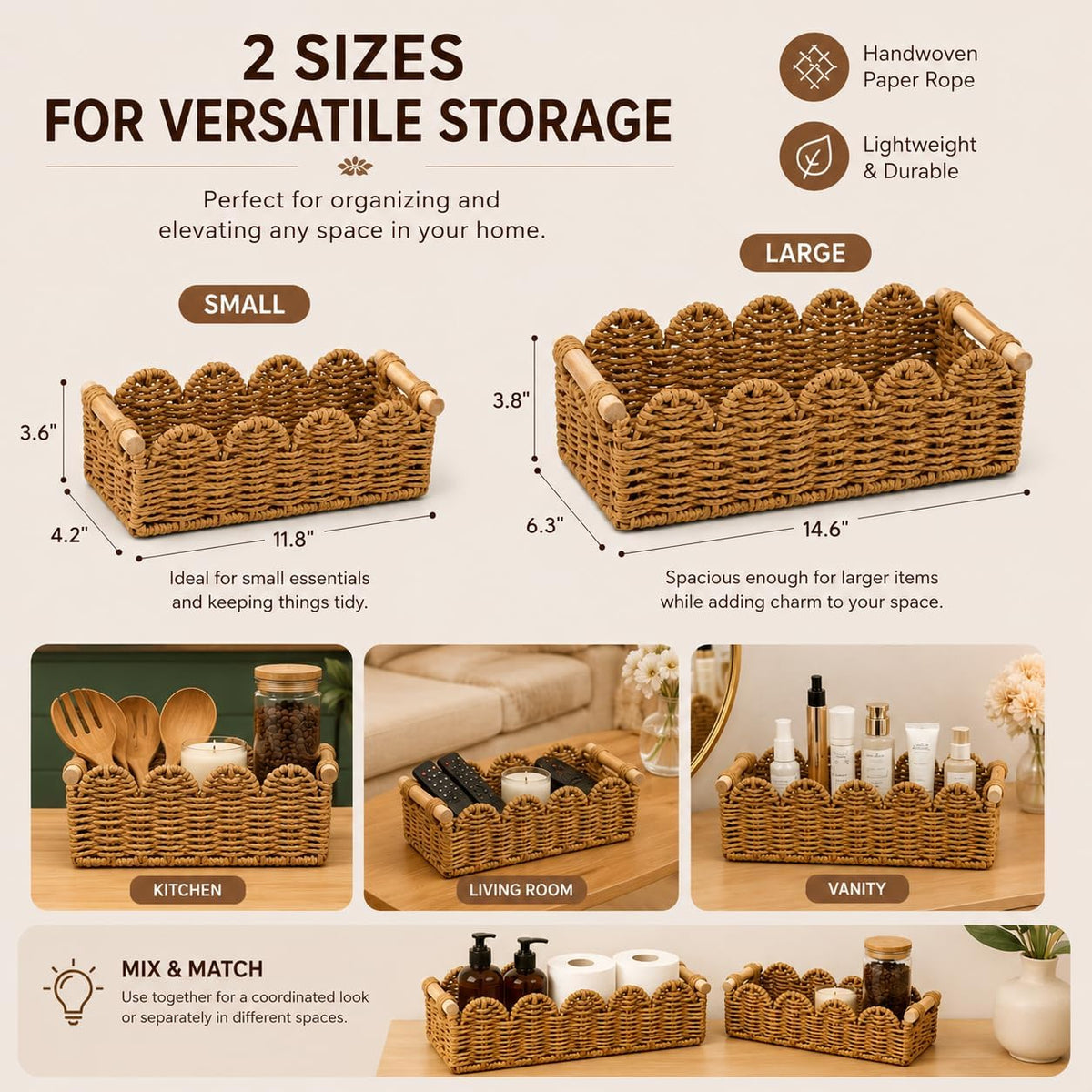 Paper Rope Storage Basket Set of 2 with Wooden Handles - Scalloped Toilet Paper Organizer, Cute & Functional Home Decor for Bathroom or Living Room (Beige)