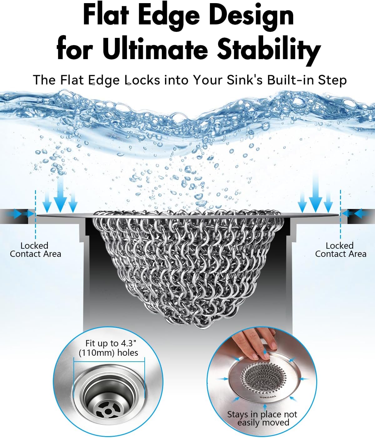 WOKDADA Reversible Kitchen Sink Drain Strainer, Anti-Clog Flat Edge Design