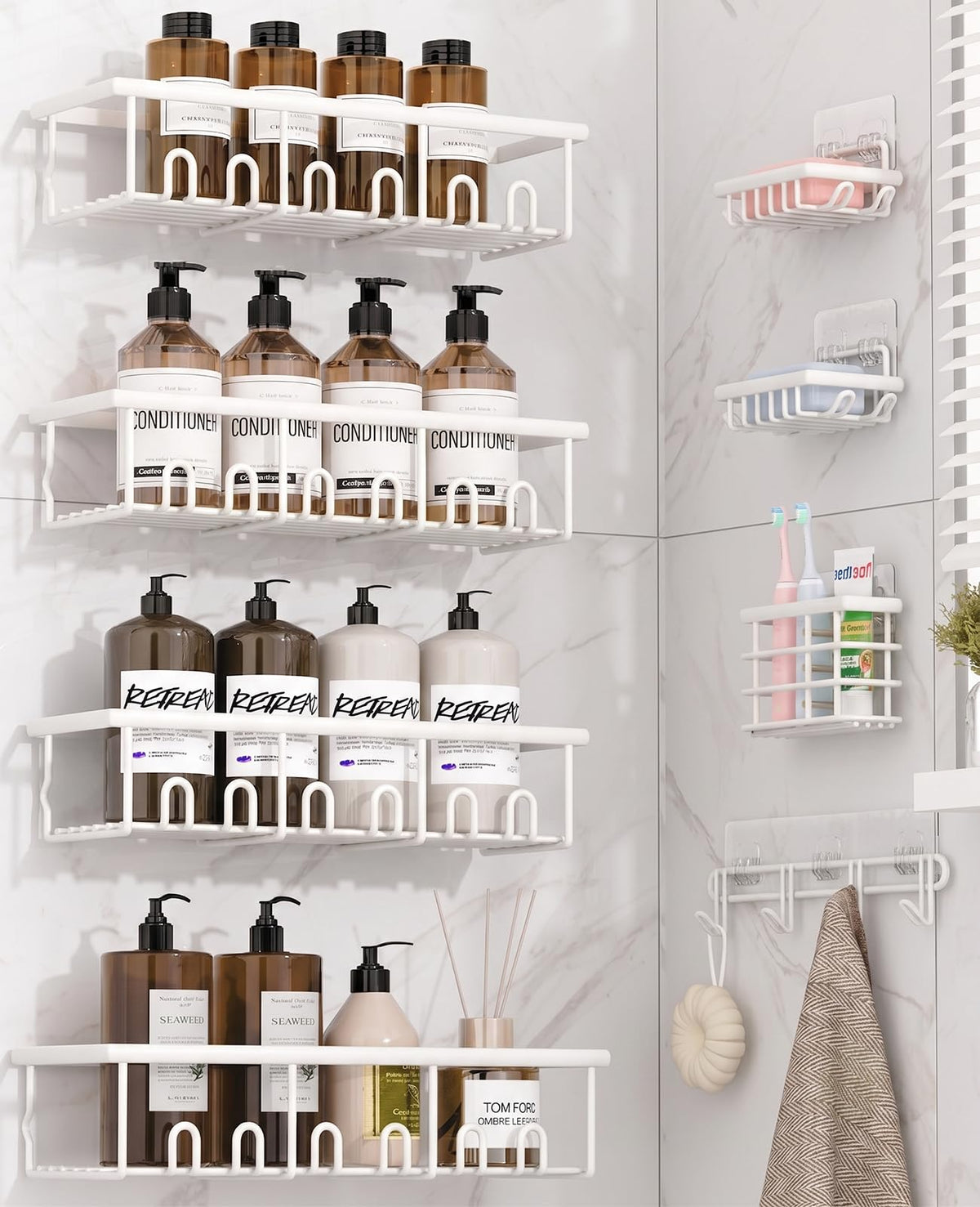 8 Pack Adhesive Bathroom Holders & Dispensers for Kids & Adults, Black