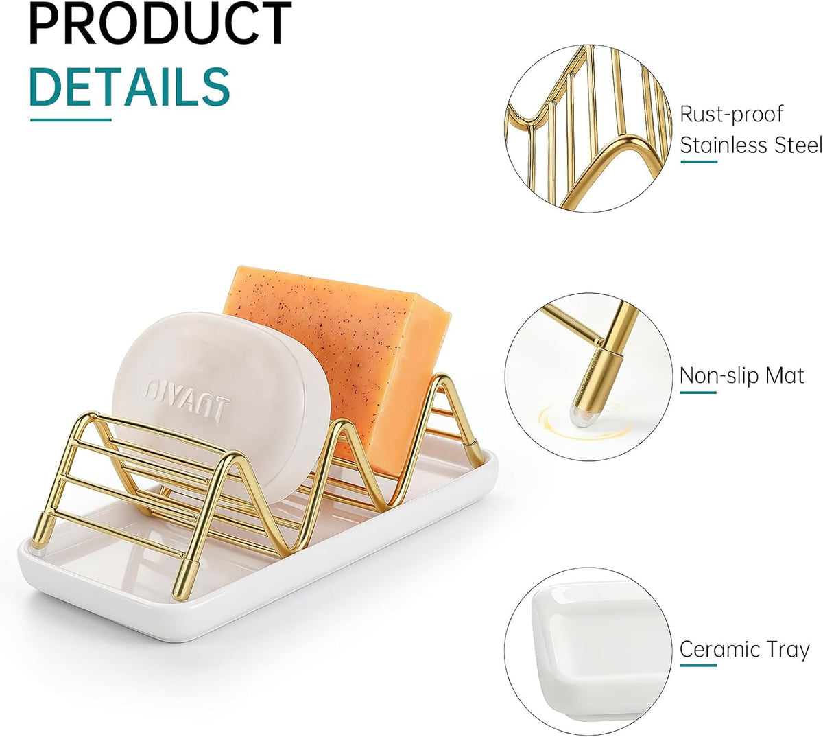 Stainless Steel Soap Dish Draining Soap Holder with Ceramic Tray, Gold
