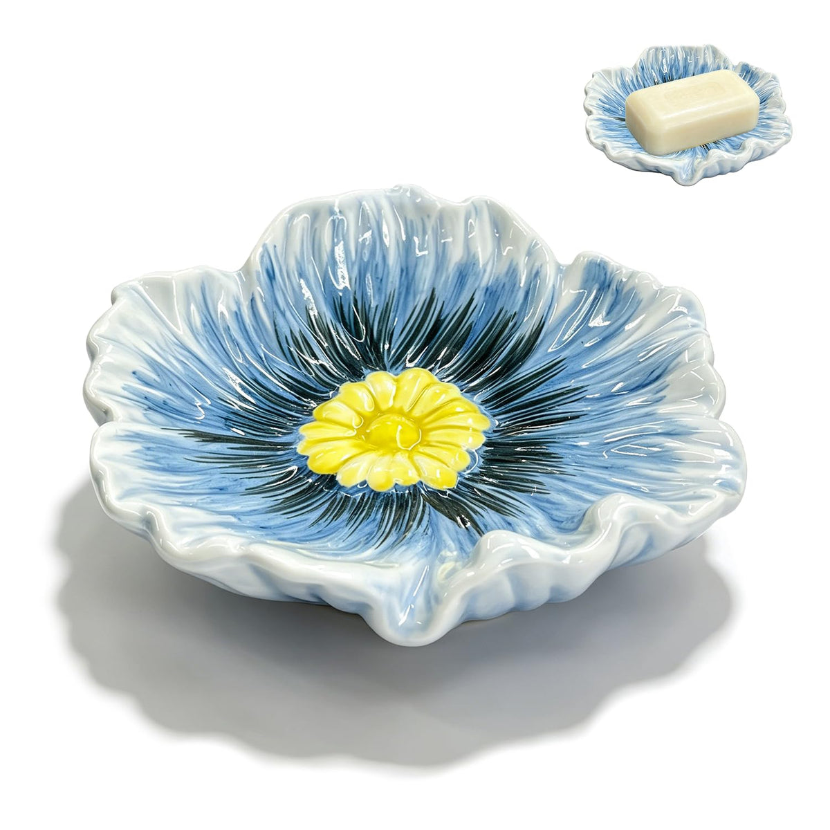 Ceramic Soap Holder, Auto-Draining Glazed Tray for Bathroom Sink