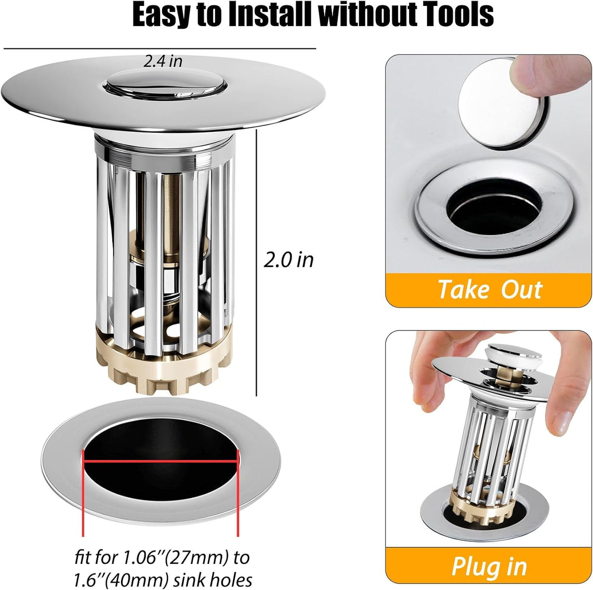 Anlige Bathroom Sink Drain Strainer, 3 in 1 Pop Up Bathroom Sink Stopper