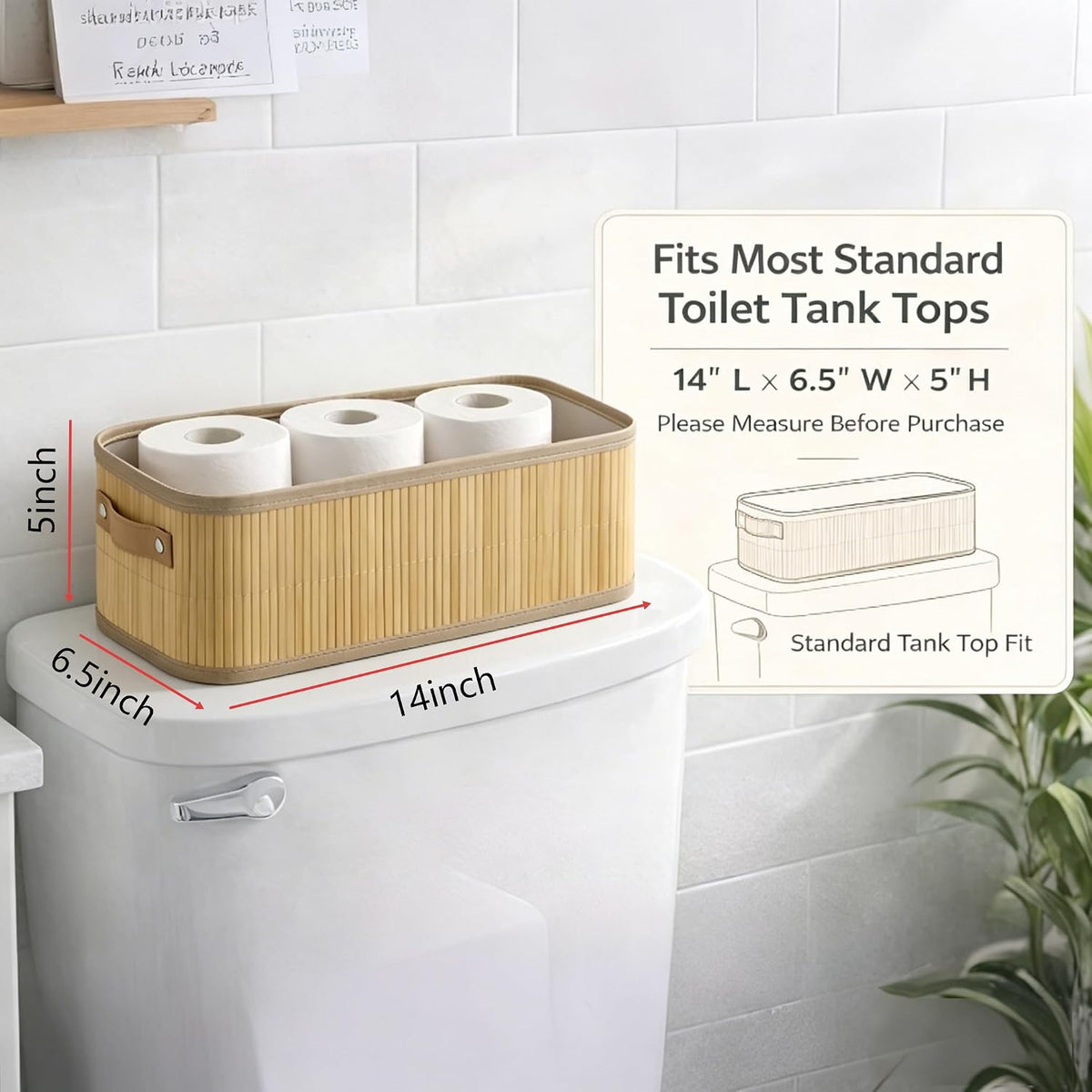 Bamboo Woven Toilet Tank Basket with PU Handles, Storage Basket for Bathroom, Holds 3 Toilet Paper Rolls, Narrow Wicker Storage Basket for Shelves, Countertop, Vanity, Tank Top