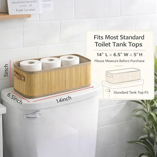 Bamboo Woven Toilet Tank Basket with PU Handles, Storage Basket for Bathroom, Holds 3 Toilet Paper Rolls, Narrow Wicker Storage Basket for Shelves, Countertop, Vanity, Tank Top