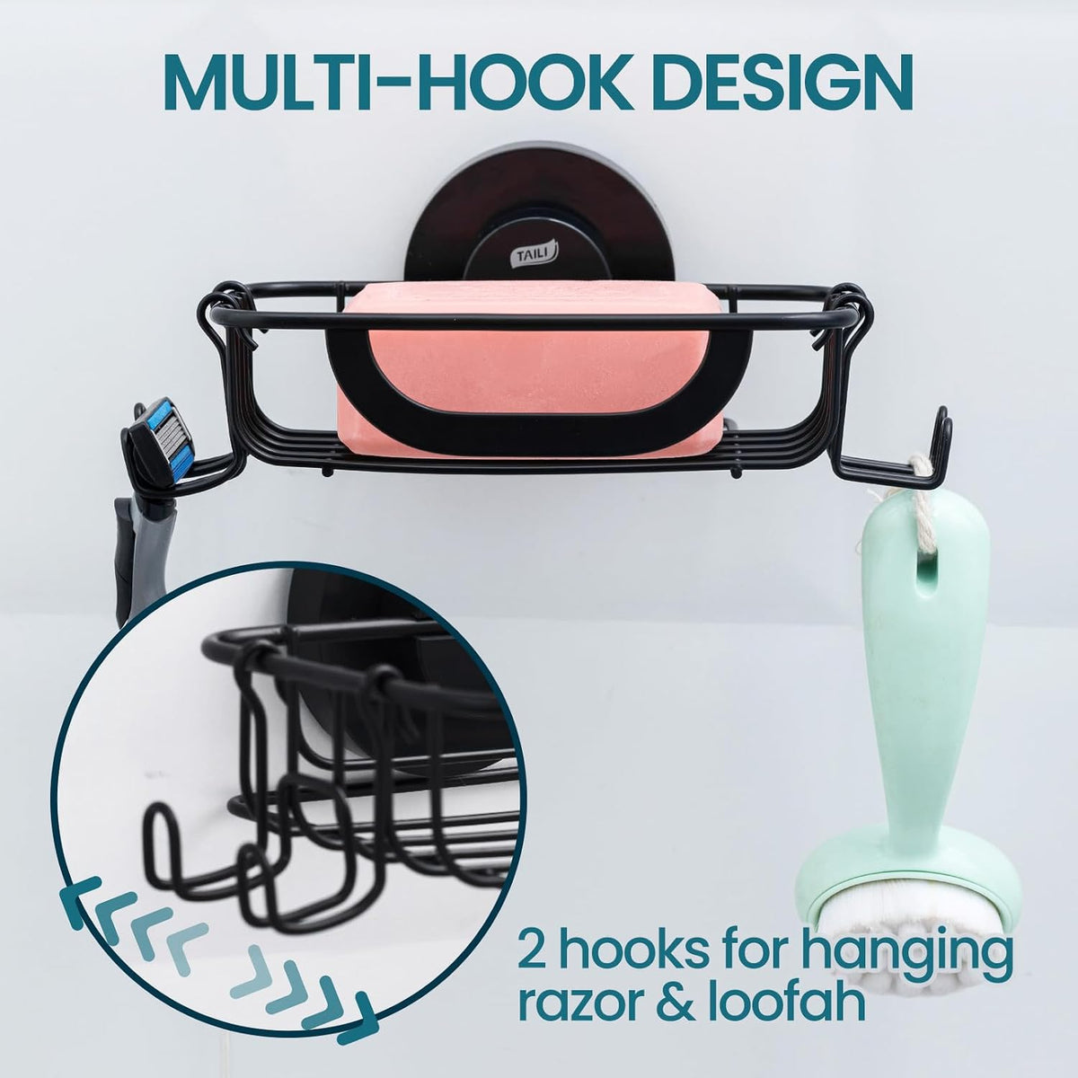 TAILI Soap Holder, Soap Dish Suction Cup with Hooks for Shower Wall, Black