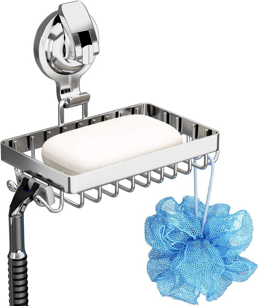 Soap Holder Shower, Suction Cup Soap Dish for Shower with 4 Hooks, 304 Stainless Steel, Silver