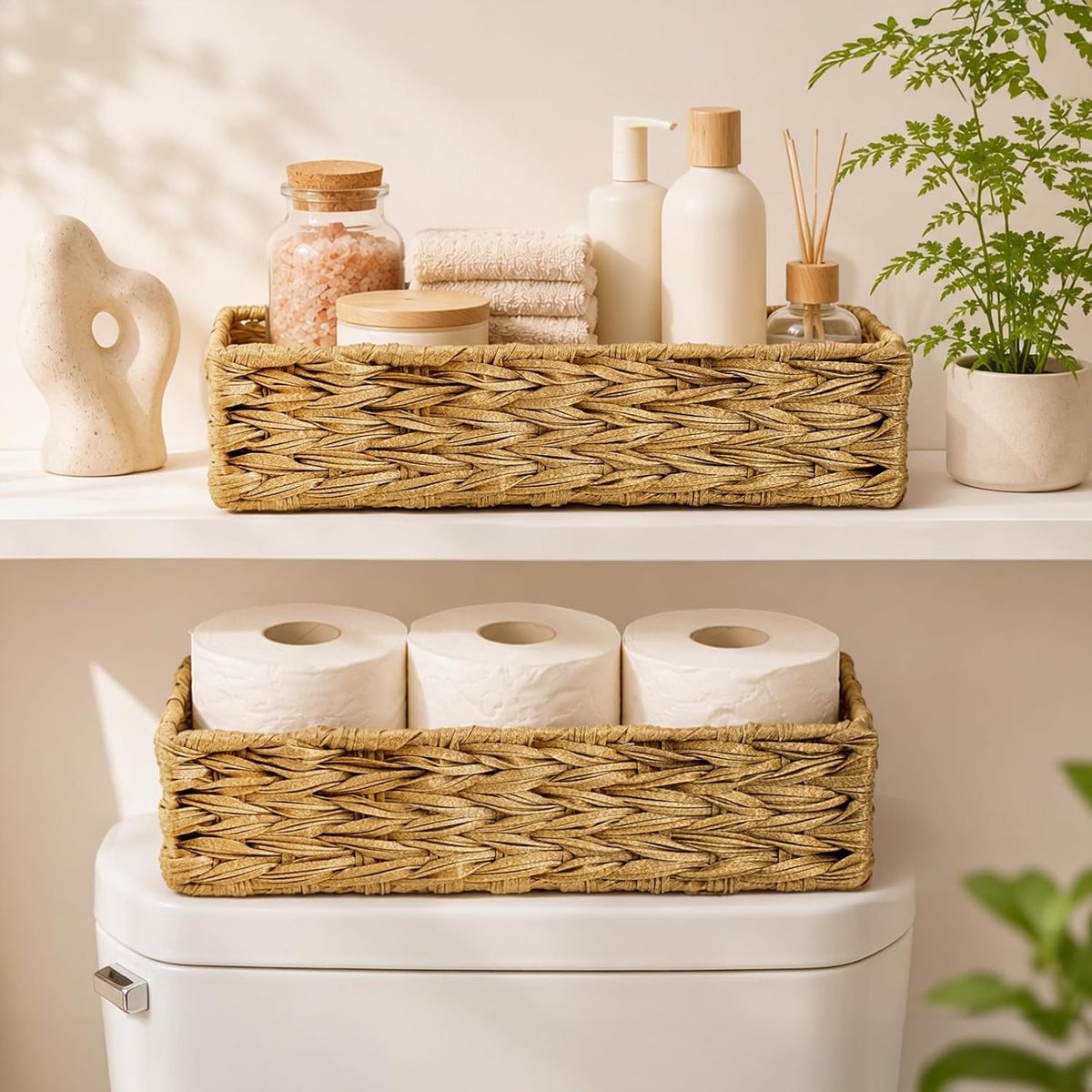 Eorbow 2 Pack Bathroom Baskets, Plastic Toilet Tank Paper Holder, Woven Decorative Storage Box for Tank Top Countertop Organizing Boho Home Decor