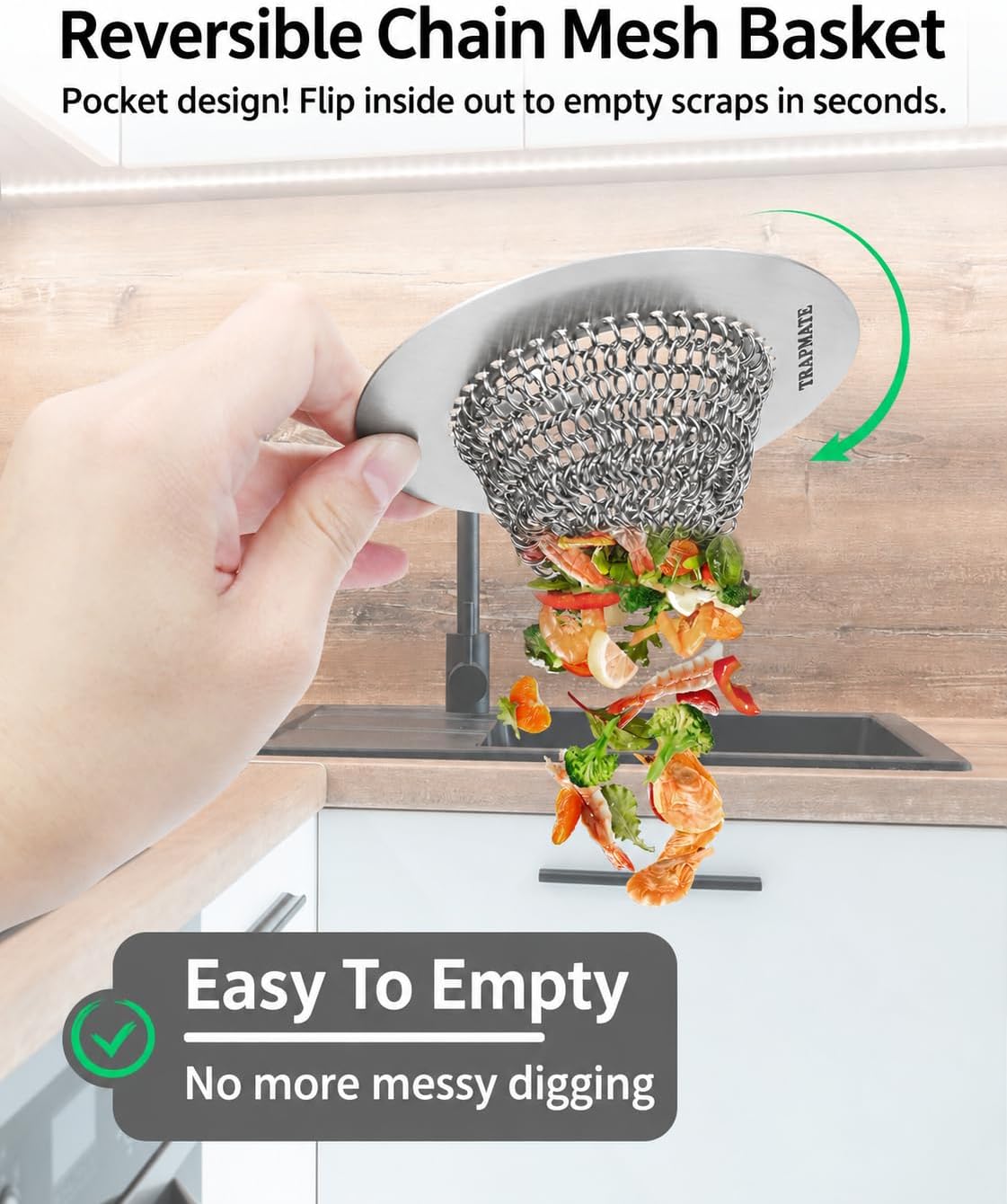 TRAPMATE Kitchen Sink Drain Strainer, 4.4" Reversible Chain Mesh Basket