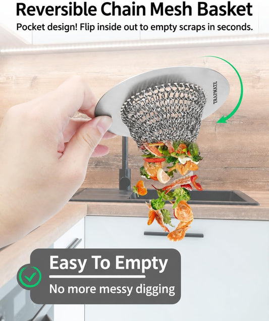 TRAPMATE Kitchen Sink Drain Strainer, 4.4" Reversible Chain Mesh Basket