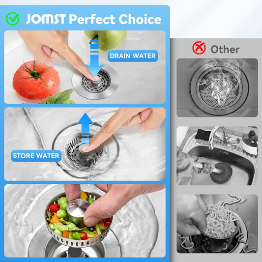 3-in-1 Stainless Steel Kitchen Sink Drain Strainer, JOMST Kitchen Gadget – Fast Drain, Water-Saving Stopper & Odor Blocker， Fits Standard 3.5″ Sink Drains