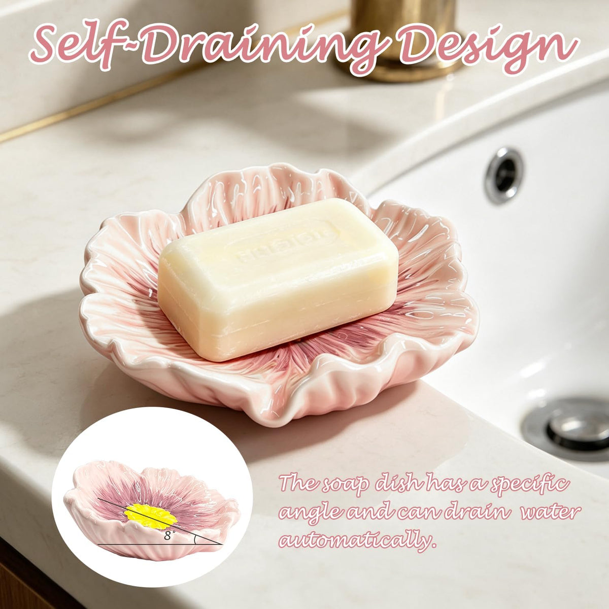 Ceramic Soap Holder, Auto-Draining Glazed Tray for Bathroom Sink