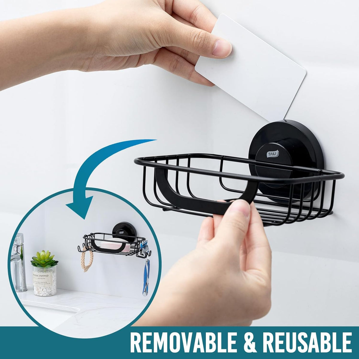 TAILI Soap Holder, Soap Dish Suction Cup with Hooks for Shower Wall, Black