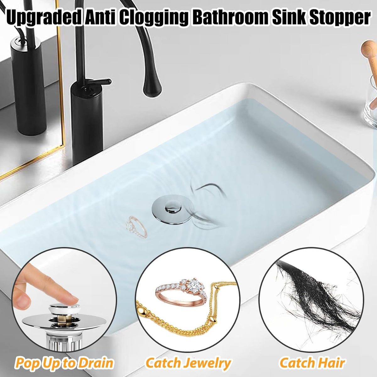 Anlige Bathroom Sink Drain Strainer, 3 in 1 Pop Up Bathroom Sink Stopper