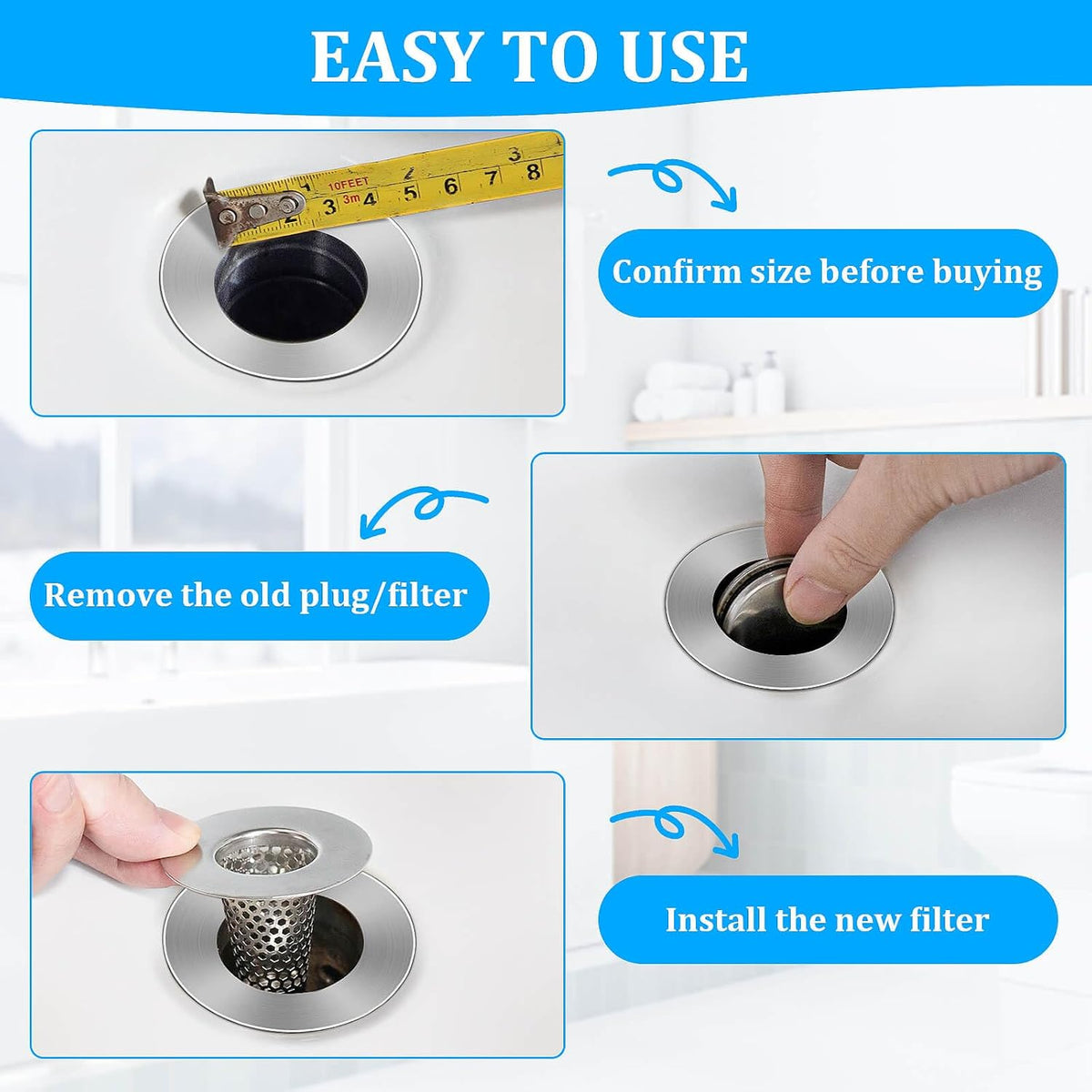 Dayker 3PCS Bathroom Sink Drain Strainers, Stainless Steel Hair Catcher