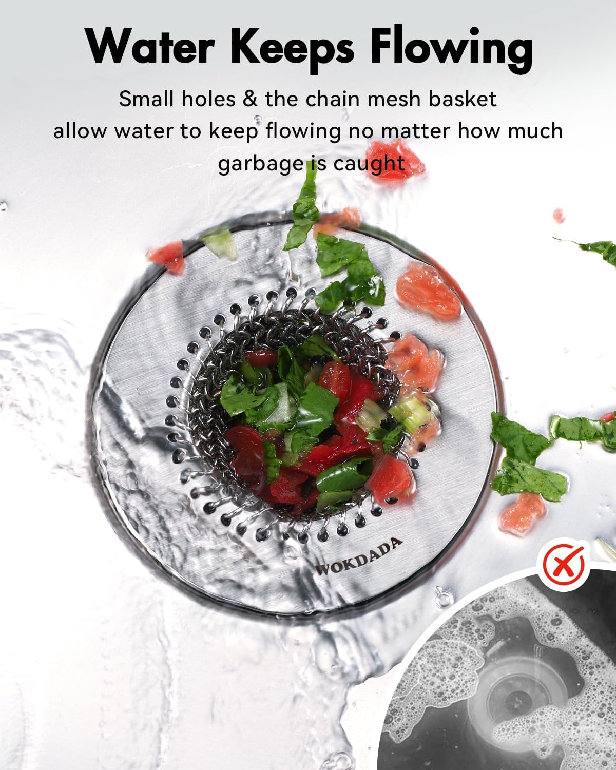 WOKDADA Reversible Kitchen Sink Drain Strainer, Anti-Clog Flat Edge Design