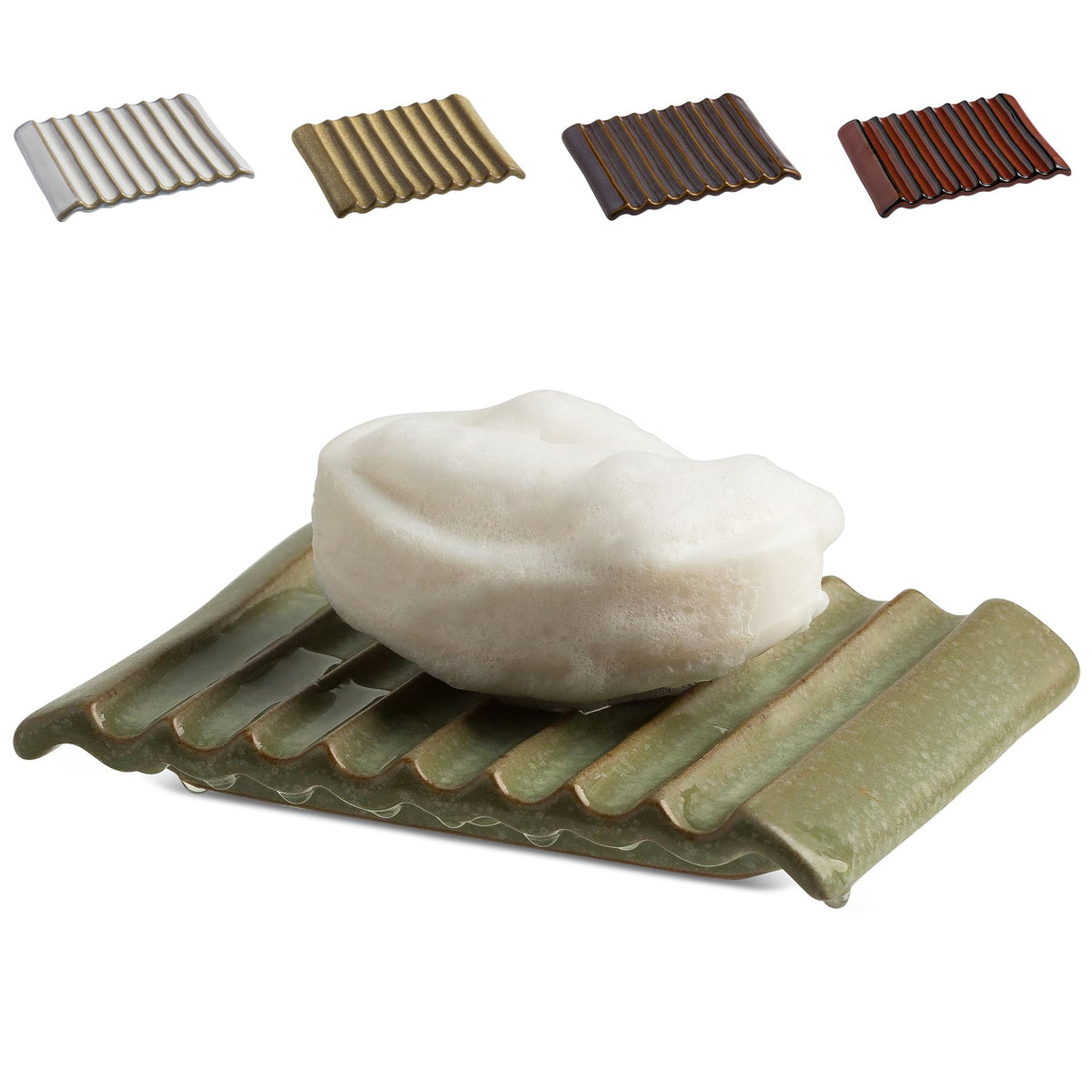 Zoeeker Soap Dish with Waterfall Design, Ceramic Soap Holder for Countertop