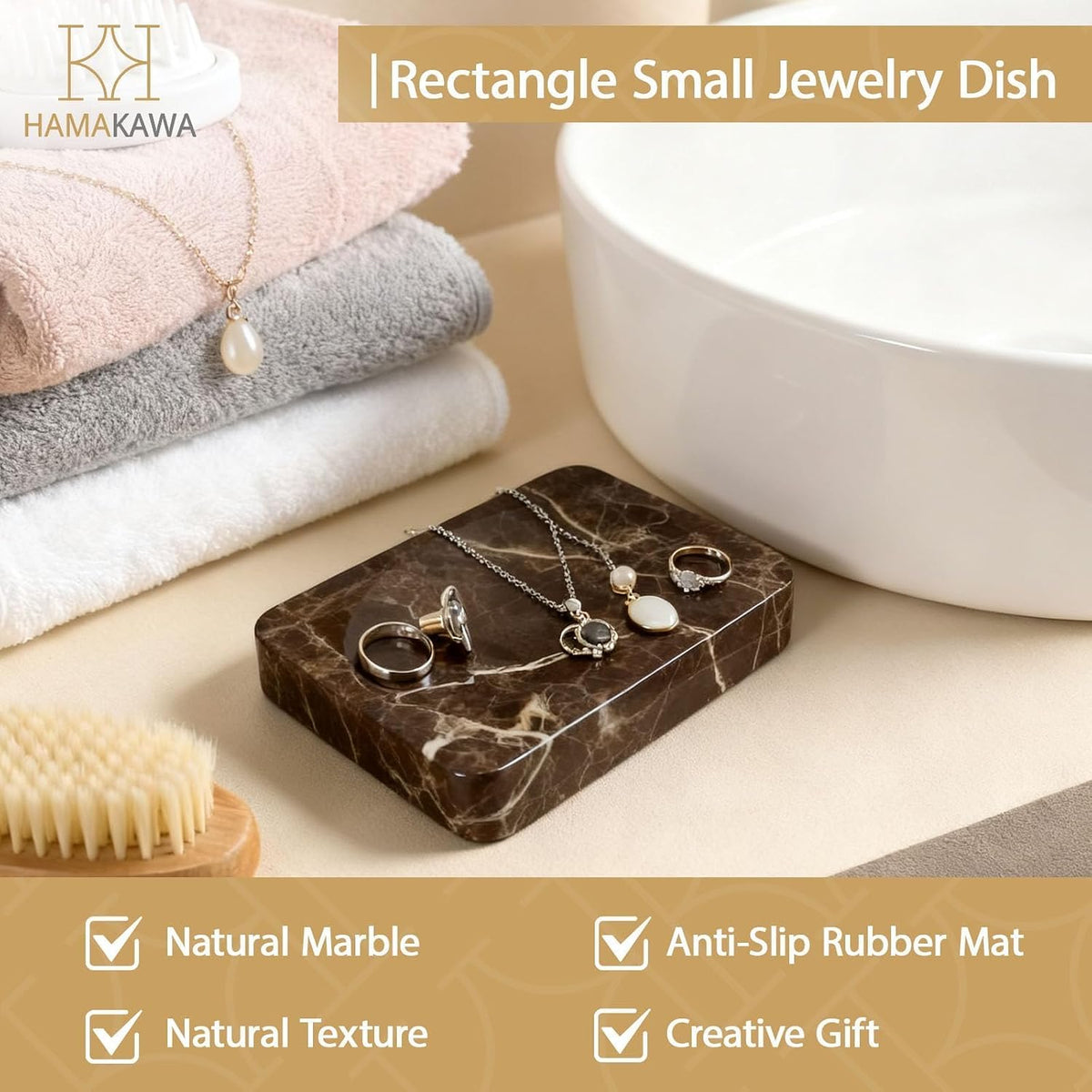Natural Marble Soap Dish, Rectangle Emperador Dark Jewelry Dish