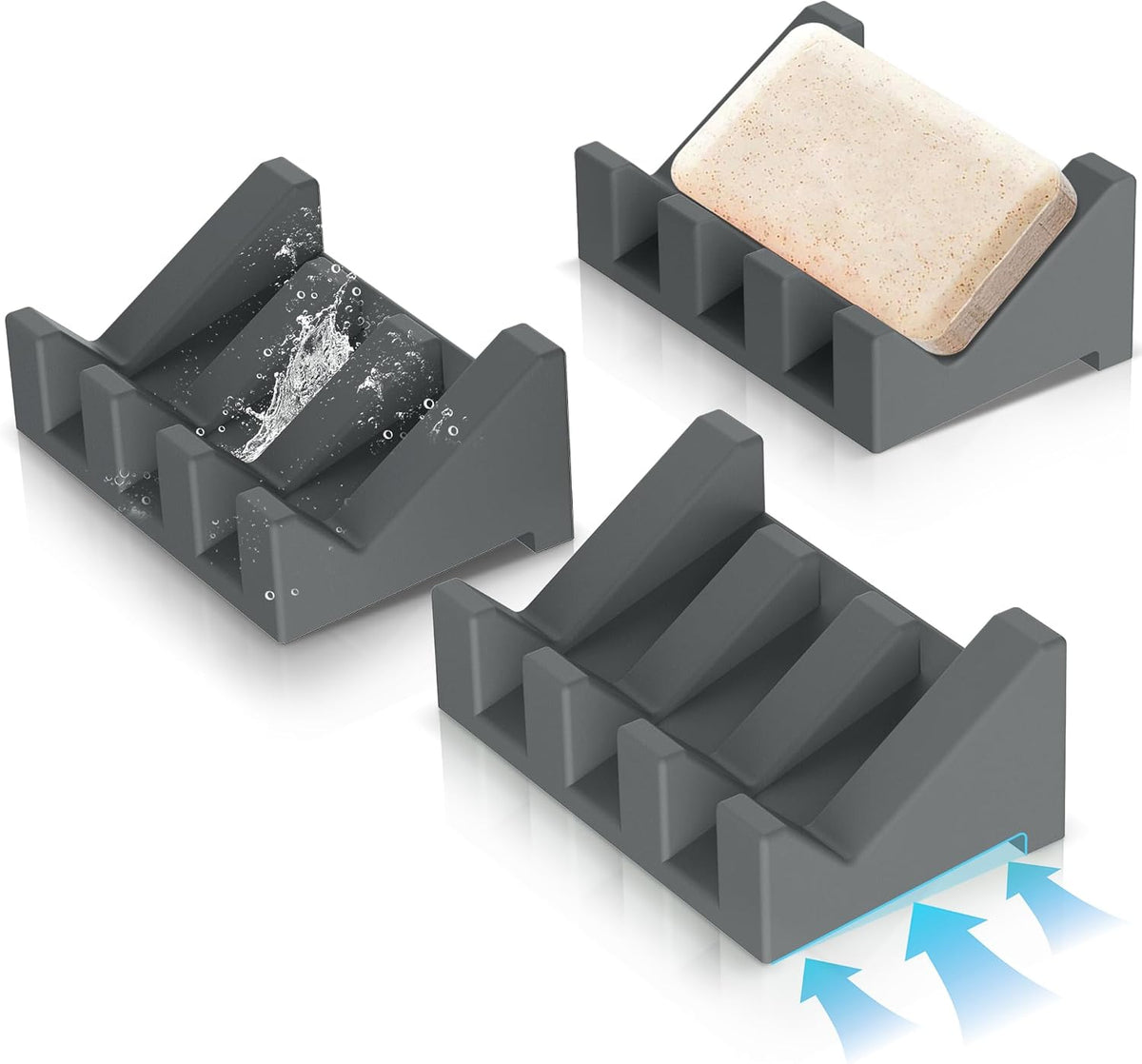Silicone Soap Dish,3PCS Self Draining Bar Soap Holder,Dark Gray