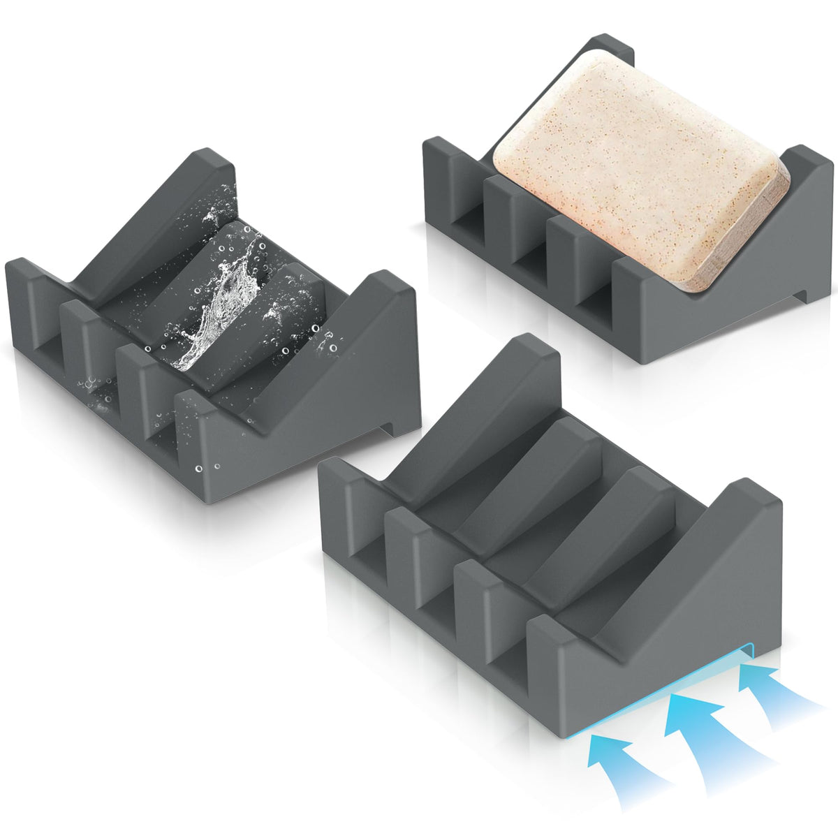 Silicone Soap Dish,3PCS Self Draining Bar Soap Holder,Dark Gray