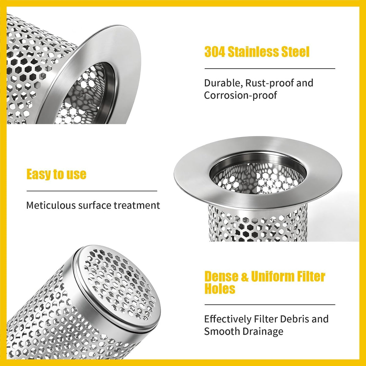 Bathroom Sink Drain Strainer, Bathtub Drain Hair Catcher, 304 Stainless Steel Shower Drain, Deep Basket Cover, Anti-Clog for Pet Hair, Universal Tub Drain Filter