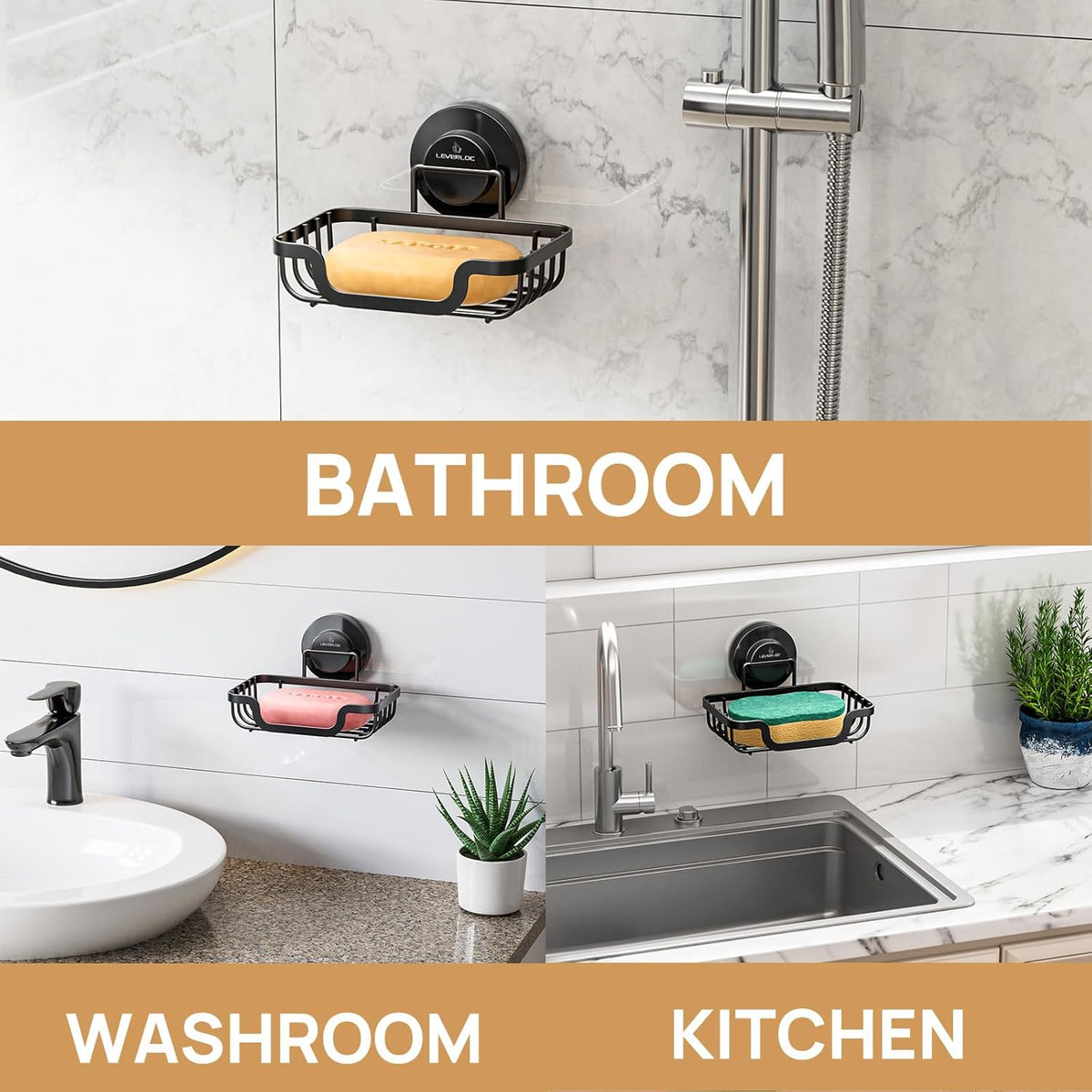 LEVERLOC Soap Dish, Soap Bar Holder for Shower Suction Cup Wall Mounted