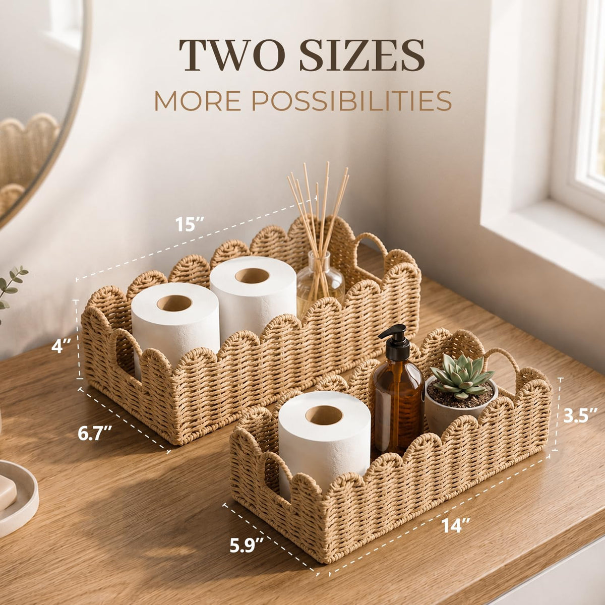 Scalloped Toilet Paper Storage Baskets with Handles, Set of 2