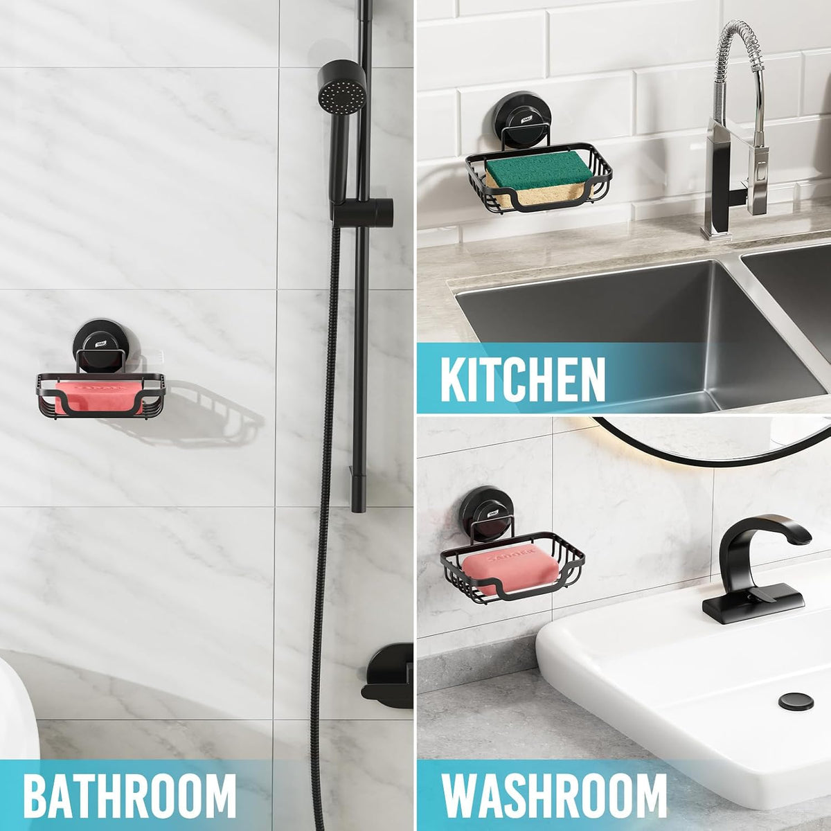 TAILI Soap Dish, Bar Soap Holder Suction Cup,Sponge Holder for Shower,Black