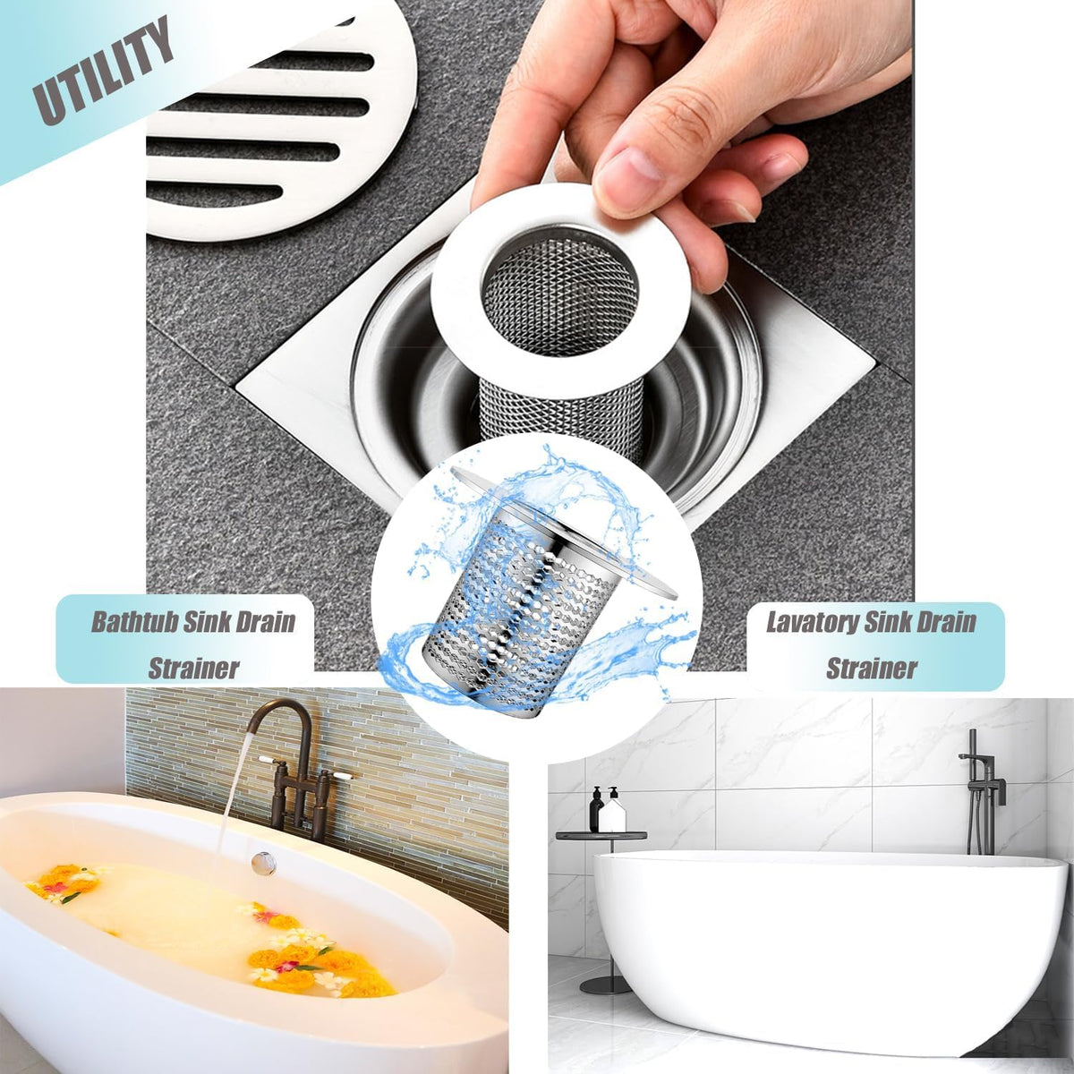4 PCS Bathroom Sink Drain Strainers, Fit Hole Size from 1.25" to 2.17", Utility Recyclable Sink Strainer, Stainless Steel Sink Strainer for Bathroom Washbasin Bathtub Drain