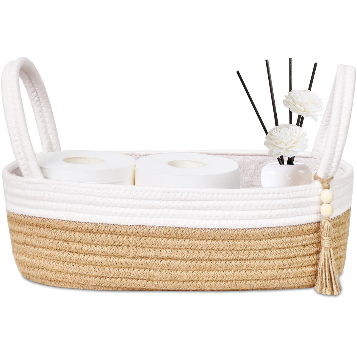 ABenkle Small Storage Basket, Jute Rope Woven Toilet Paper Tray Organizer for Toilet Tank Top, Boho Bathroom Decor Holder for Shelf Bedroom Living Room -13x6x4 Inches