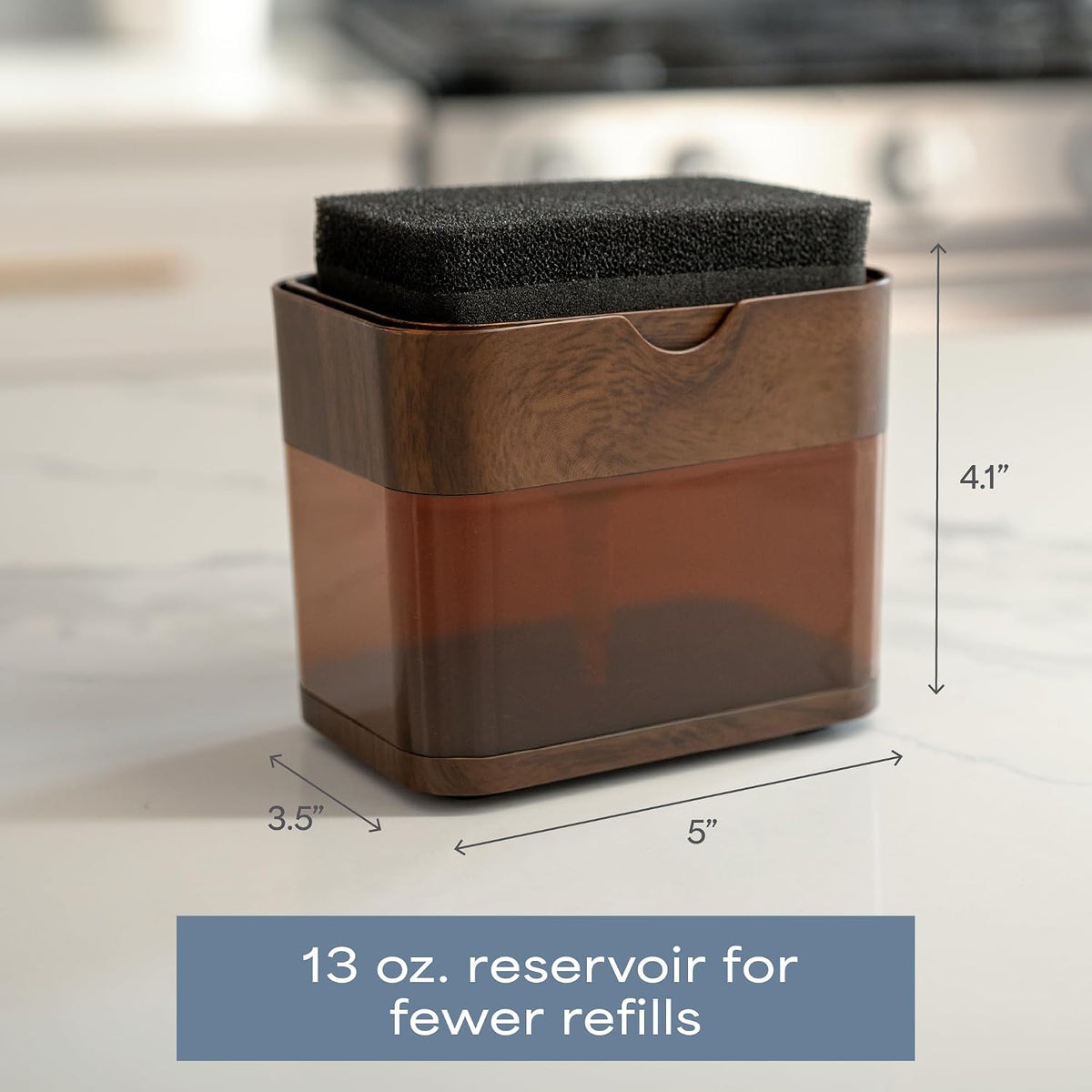 S&T INC. Dish Soap Dispenser and Sponge Holder, Plastic Walnut and Amber