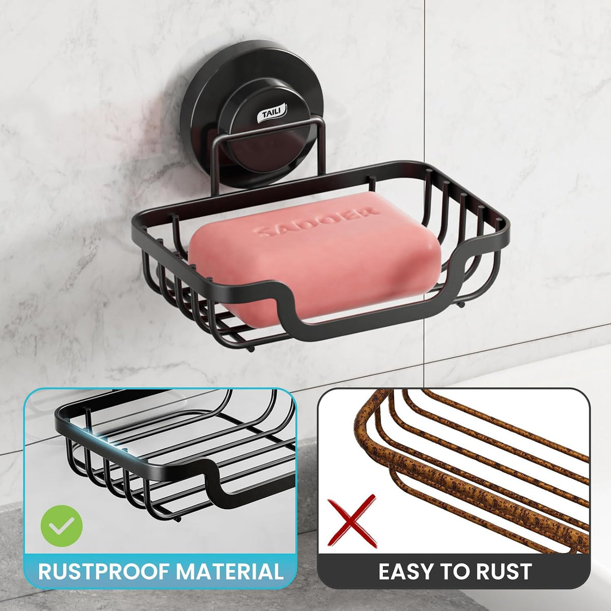 TAILI Soap Dish, Bar Soap Holder Suction Cup,Sponge Holder for Shower,Black