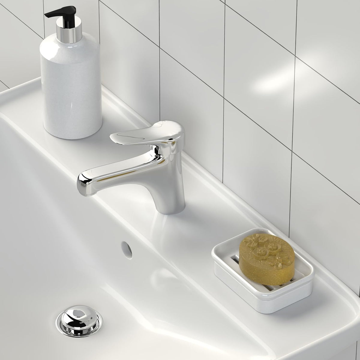 2-Piece Composite Granite Soap Dish for Shower - Elegant Stone-Look Bar Soap Holder with Strainer - Durable & Non-Porous Soap Tray for Bathroom and Kitchen Sink, Easy Clean (White)