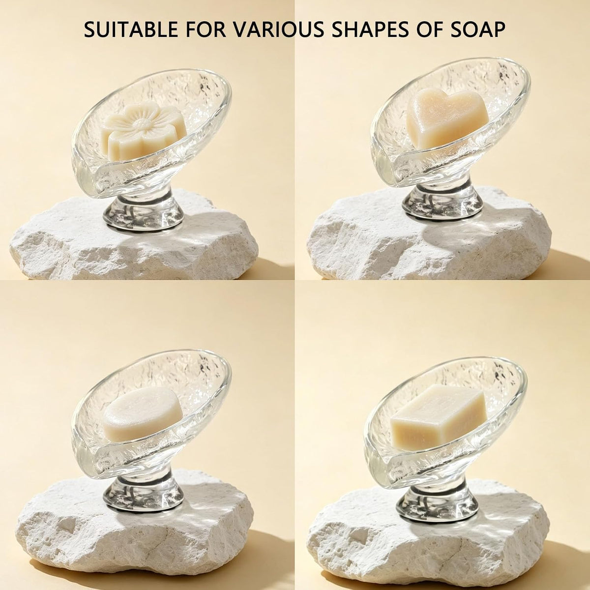 Self Draining Soap Dish, Resin Soap Dish, 45°Sloped Drain Design, with Suction Cup Base, Suitable for Bathroom Sinks, Showers, Kitchen Countertops, and Laundry Rooms (Clear White)