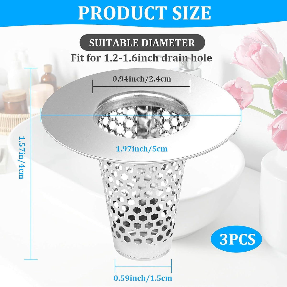 Dayker 3PCS Bathroom Sink Drain Strainers, Stainless Steel Hair Catcher